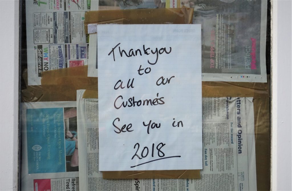Coastal Road Trip, Lamorna Cove Cafe, Closed Sign, see you in 2018